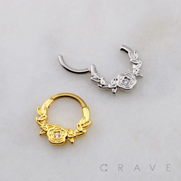 ROSE FLOWER SEPTUM HINGED SEGMENT HOOP RING 316L SURGICAL STEEL 